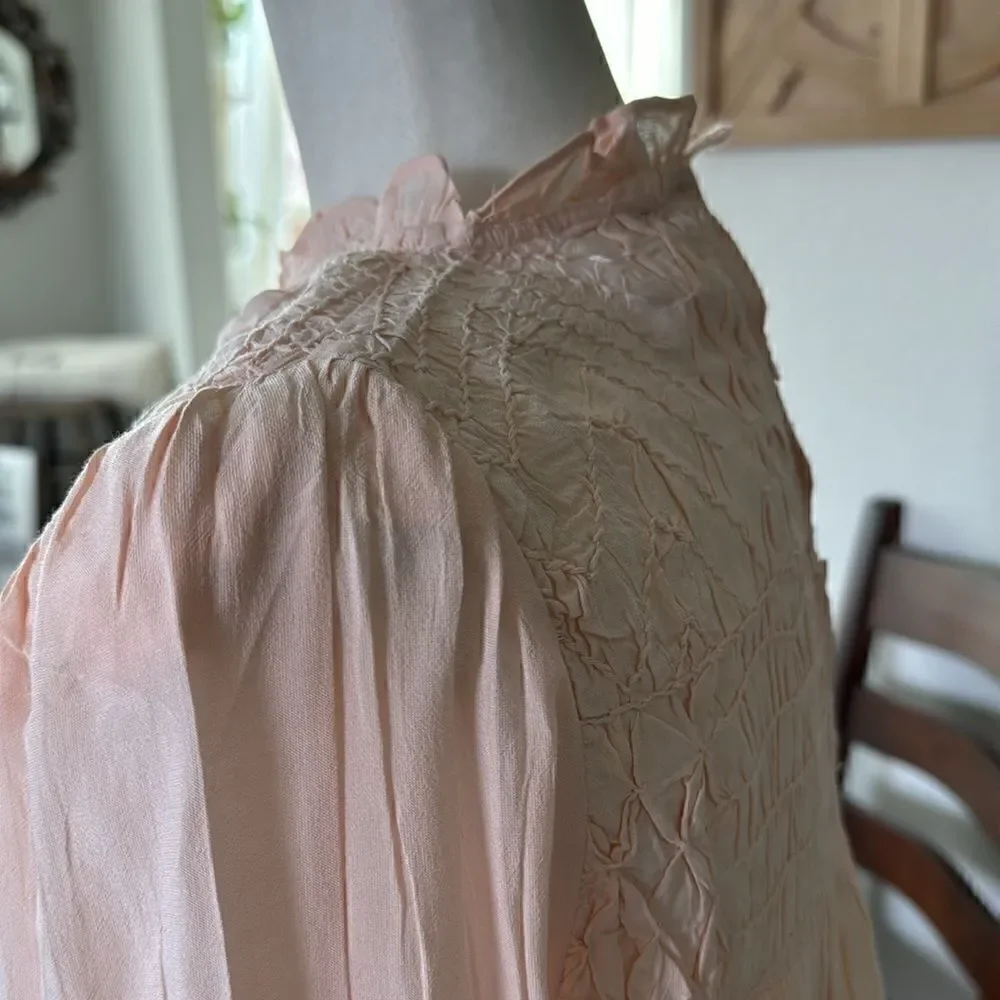 NWOT Free People Smocked In Time Top Ruffled High Neck Long Sleeves XS Feminine